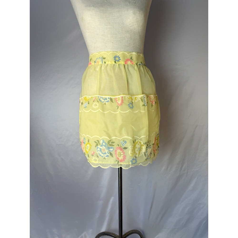 Vintage 50s Half‎ Apron Sheer Yellow Floral Embossed Organza Retro MCM 3 Pockets